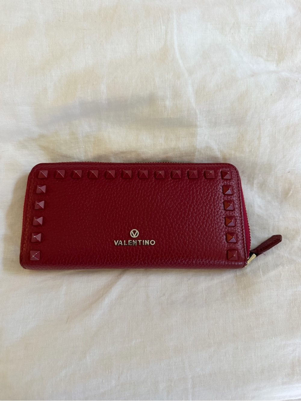 Valentino Red Rockstud Zip Wallet in Garnet Leather